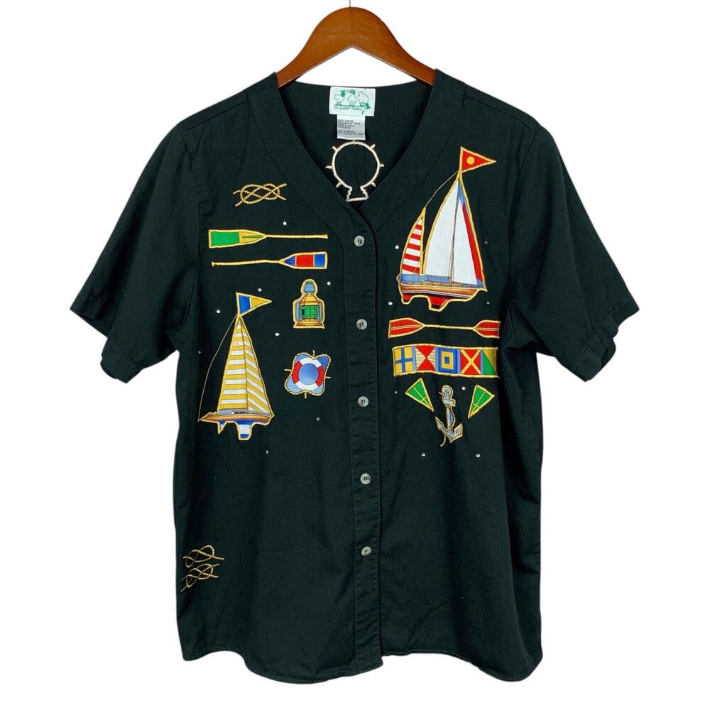 Vintage Quacker Factory Sailing Shirt Short Sleeve Boating Nautical Women's L